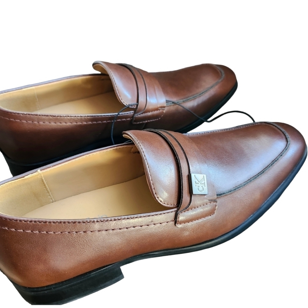 New Calvin Klein Brown Slip On Loafer Faux Leather Dress Shoe Mens 7.5 Work Prom - Picture 3 of 7